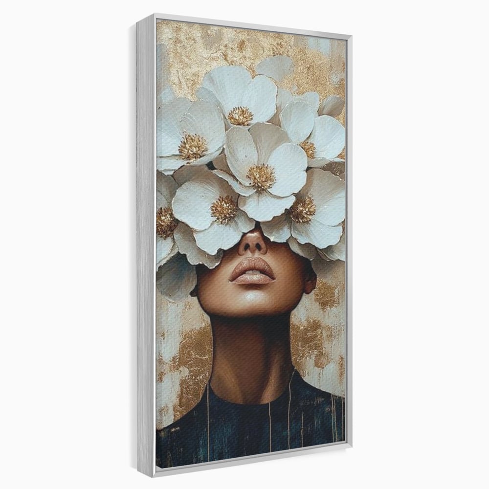 Tablou canvas cu tablou canvas portret feminin cu flori, in rama de aluminiu argintiu